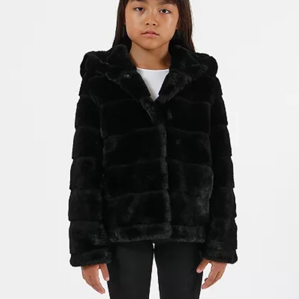 APPARIS Childrens Girls Goldy Faux Fur Short Coat - Black Kids Jacket - Size 4Y